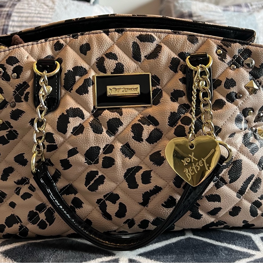 Betsey Johnson Pink Leopard Quilted Satchel with Black Handles & Gold Hardware